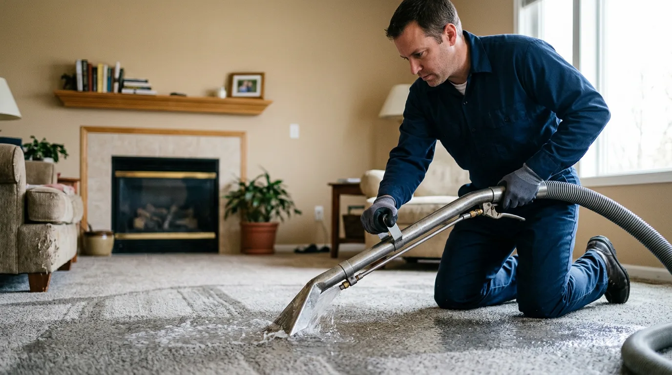 Water damage restoration technician working near De Witt, IA